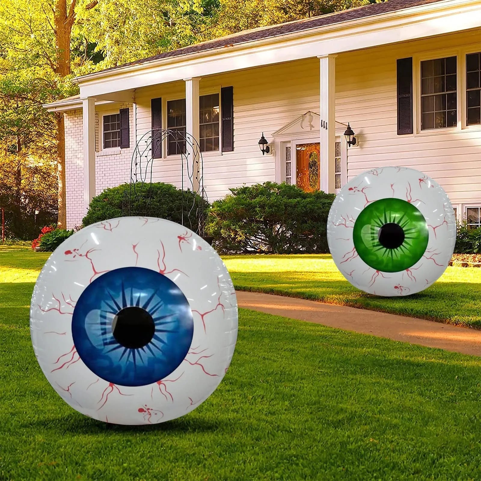 Halloween inflatable eyeball balloon with red bloodshot pattern, shown inflated.