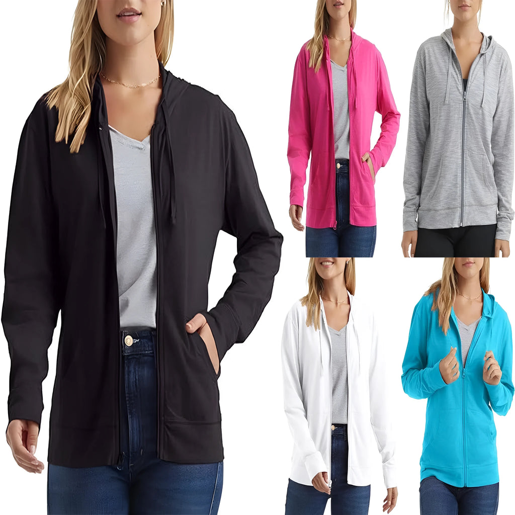 A loose-fit solid colour hoodie sports top shown on a hanger, available in black, white, grey, dark blue, sky blue and dark pink.