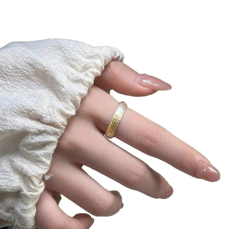 White copper geometric ring with Xiangyun pattern in silver and gold electroplated finish, open mouth adjustable design