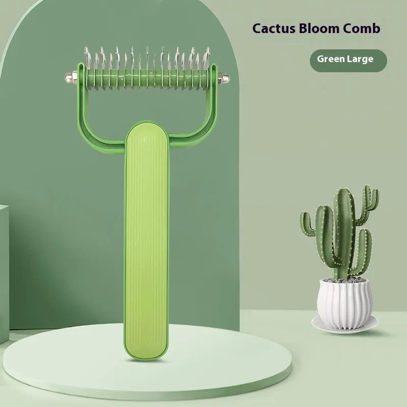 Green and grey dog detangling combs with stainless steel teeth on a white background, showing small and large sizes.