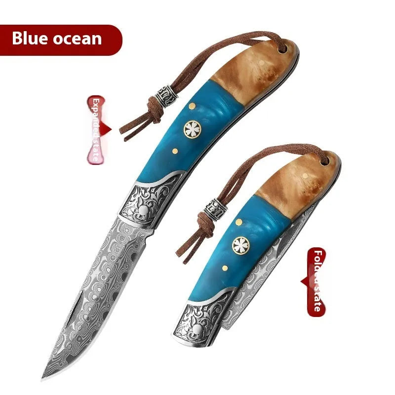 VG10 stainless steel folding knife with handmade national style dovetail patterning in blue or red options