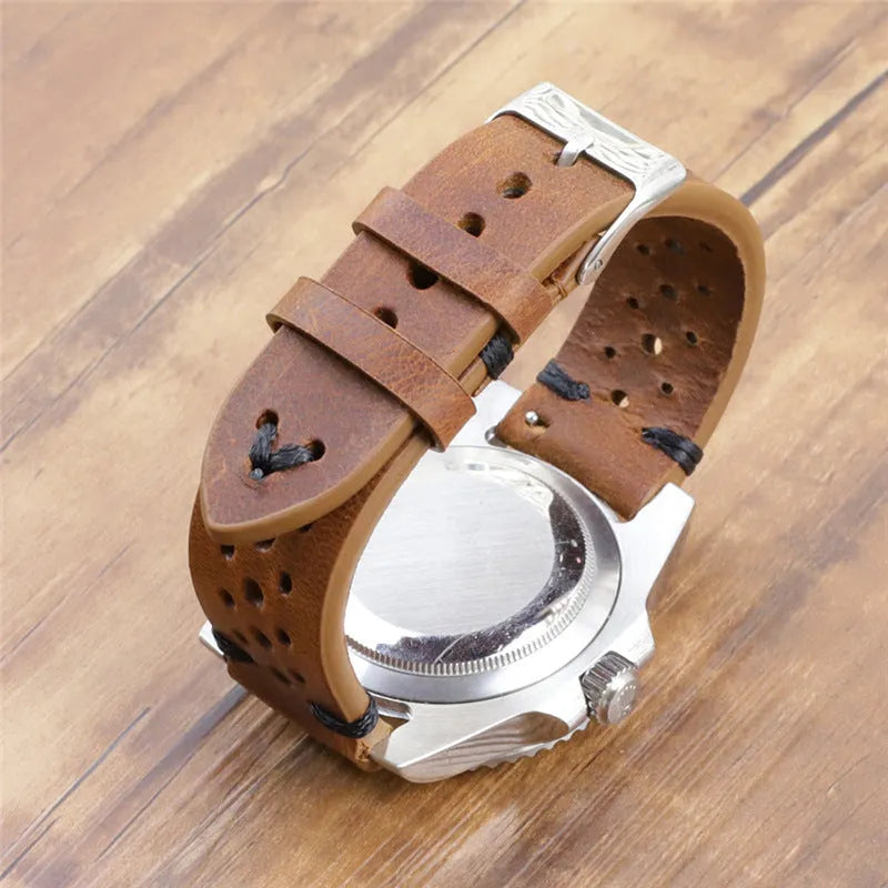 Handmade retro genuine leather watch band with white stitching on brown leather, 20mm width
