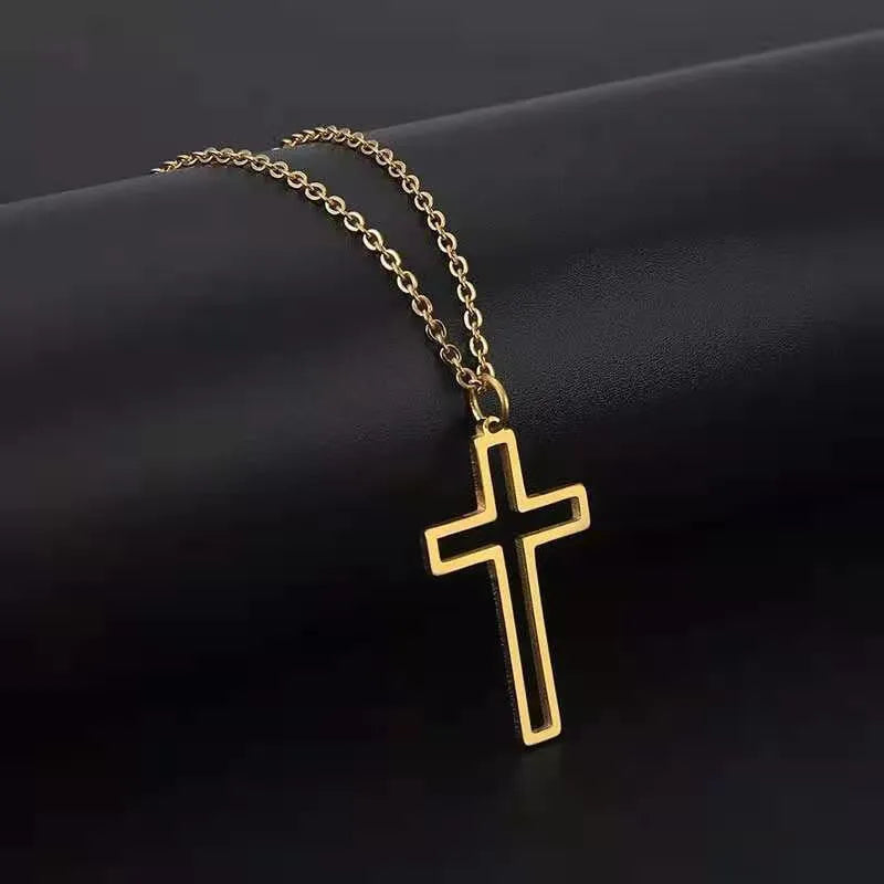 Unisex titanium steel cross necklace with electroplated gold finish on a stainless steel chain
