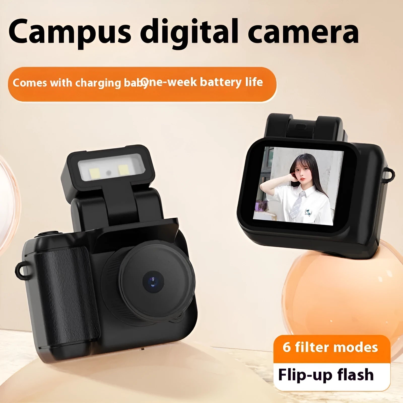 Portable small retro children's camera in black with 1.44 inch LCD screen and ABS body