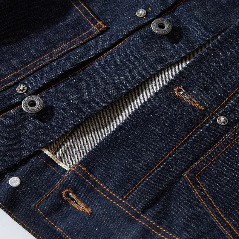 Men's Japanese retro loose jacket in raw pulp colour with red edge detailing and patch pockets