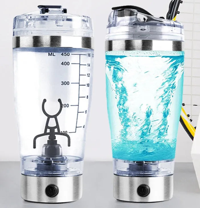 Stainless steel colour USB rechargeable electric shaker bottle with 600ml capacity.
