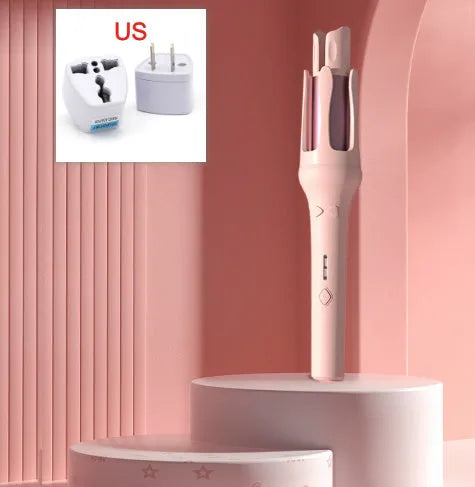 White and pink automatic hair curler with a rotating 32mm ceramic barrel and international plug adapters.