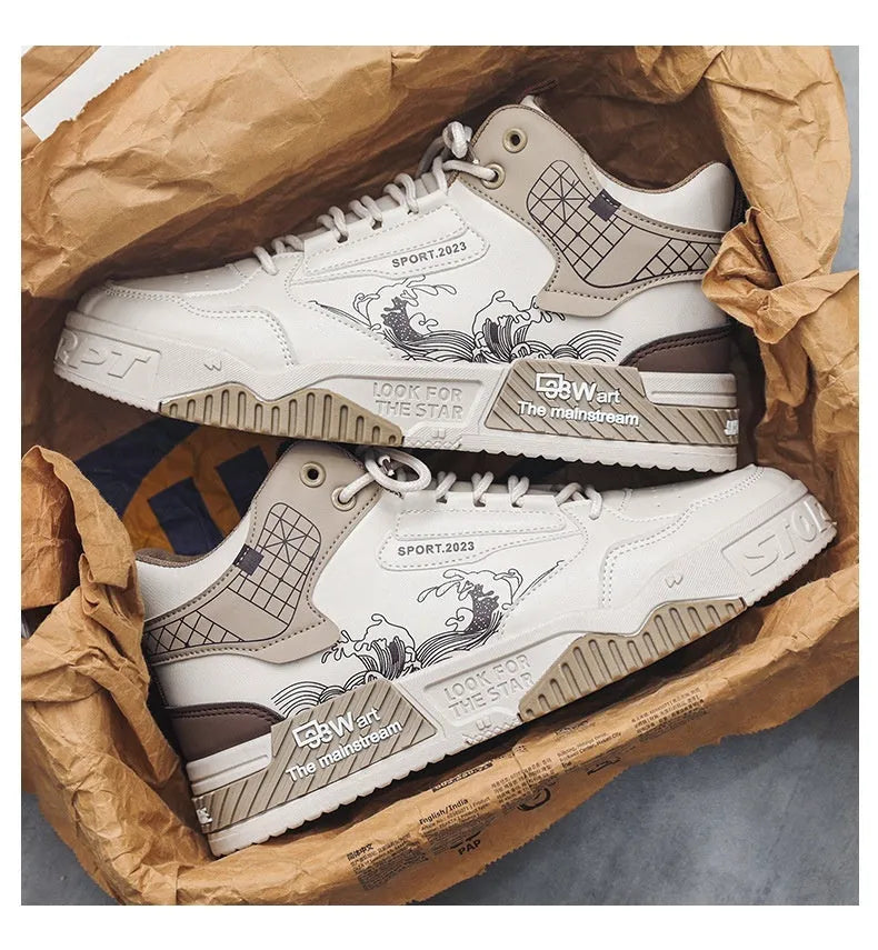 Men's high-top board shoes in beige with mesh lining and rubber sole