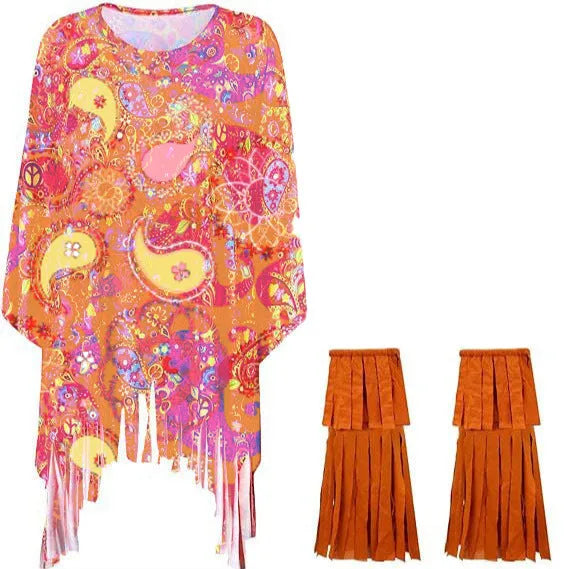Person wearing a vibrant multi-colour tie-dye cloak with flared bell sleeves, showcasing the irregular print pattern.