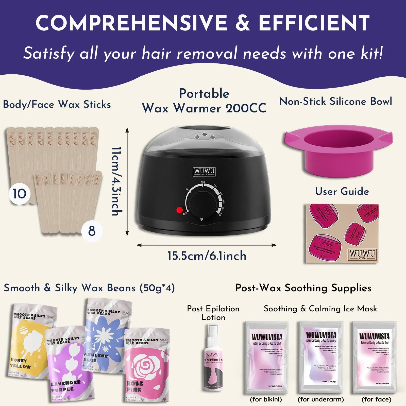 Gold-standard hard wax kit with black wax warmer, wax beads, sticks, and aftercare bottles on a pink background