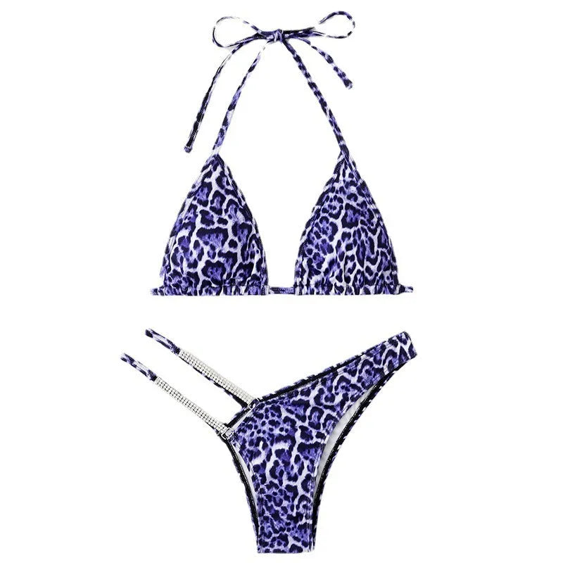 Leopard print polyester bikini set for women, sexy split briefs style, yellow black purple green colours