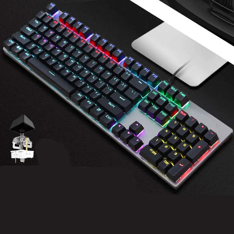 AOC GK410 black mechanical keyboard with backlit keys on a desk, showing full 104-key layout and metal construction