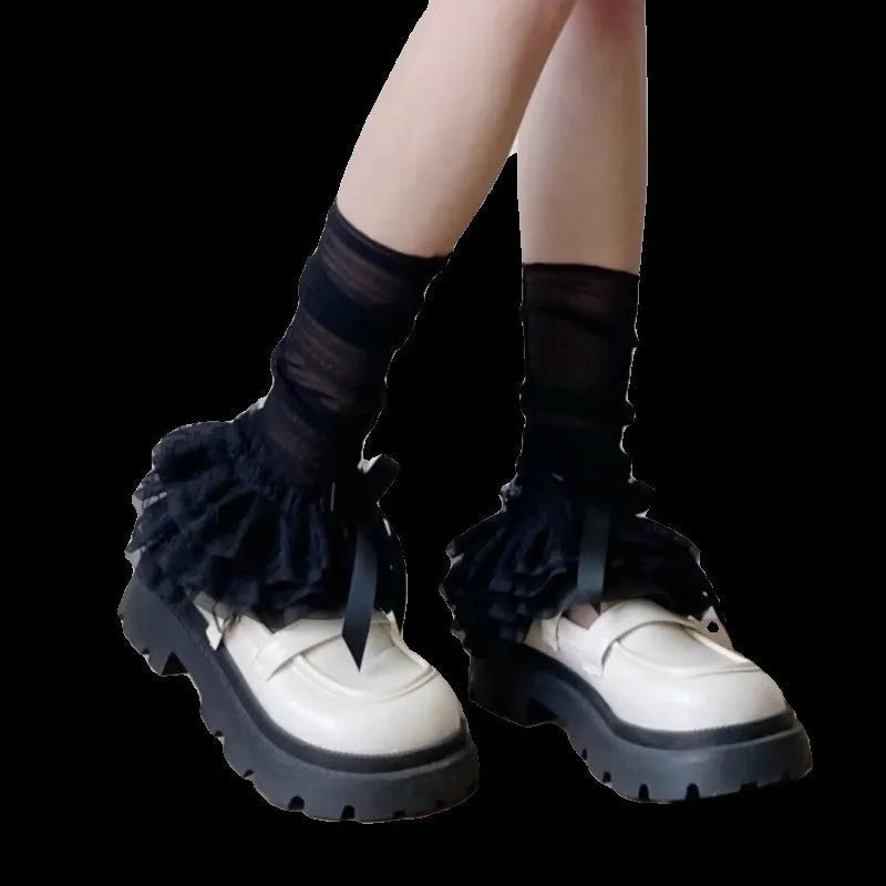 Thin ice silk lace socks for women, black solid colour, mesh craft, middle calf length