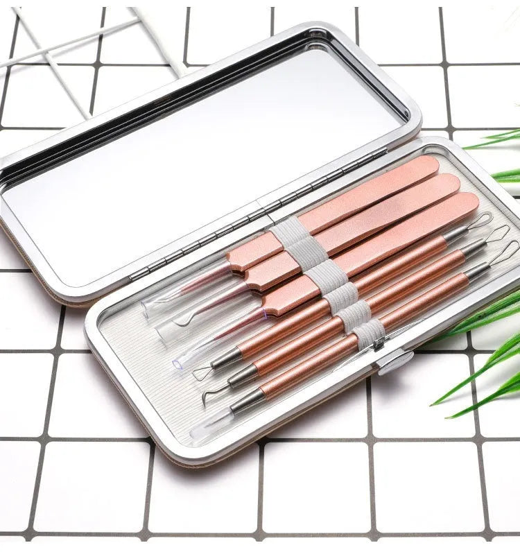 Six-piece stainless steel acne needle set in rose gold finish for blackhead and pimple removal