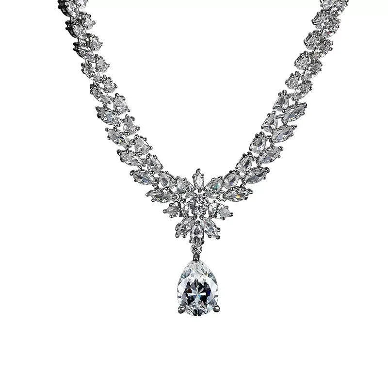 Simulated moissanite pendant necklace and earring set white K gold tone copper base