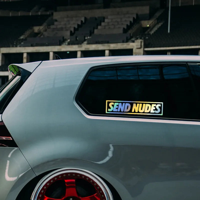 Send Nodes 20cm by 5cm automotive vinyl sticker shown in black, reflective white, and multicolour laser finishes.
