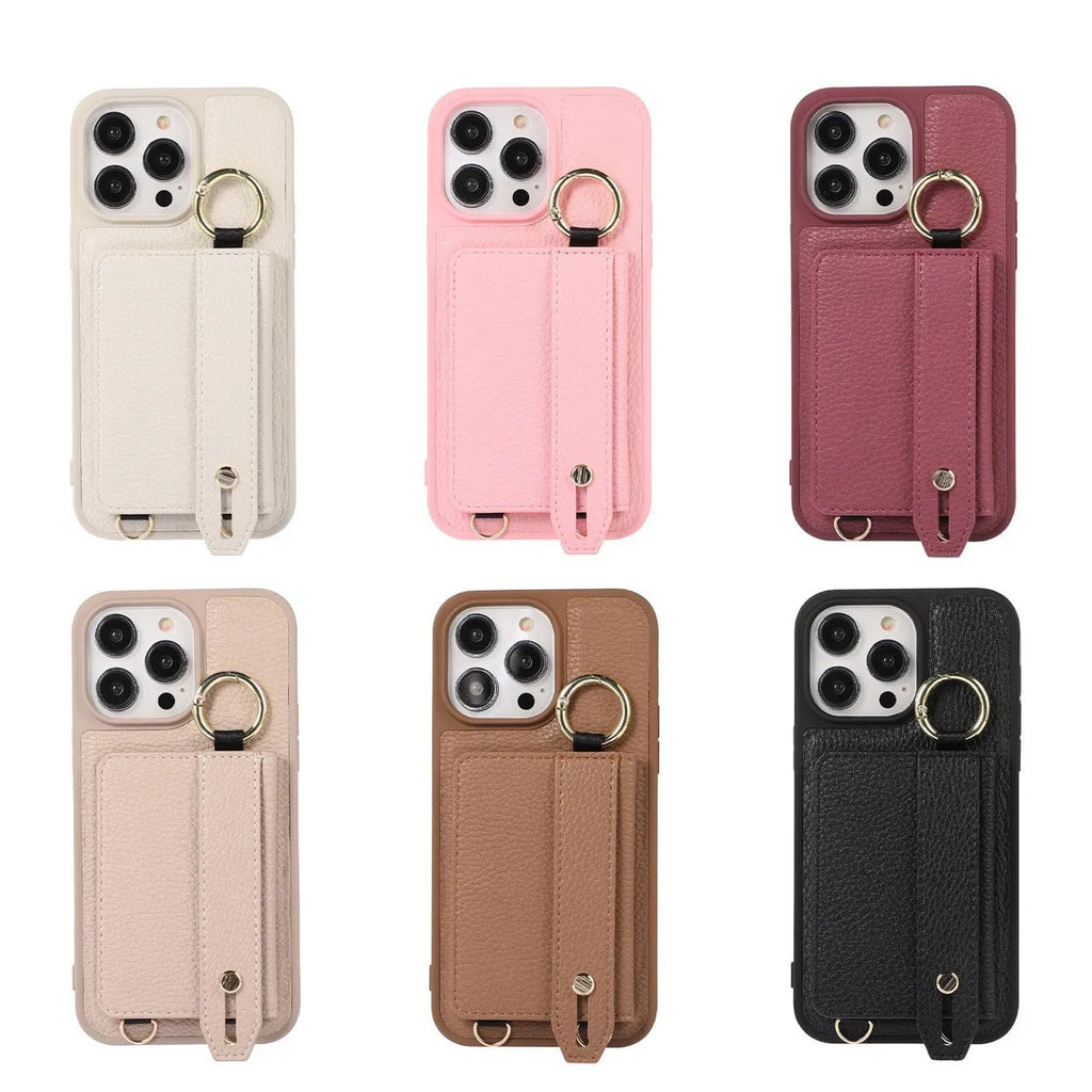 Imitation leather cross-body lanyard phone case with card clamp holder, black colour, compatible with iPhone 14 Pro Max