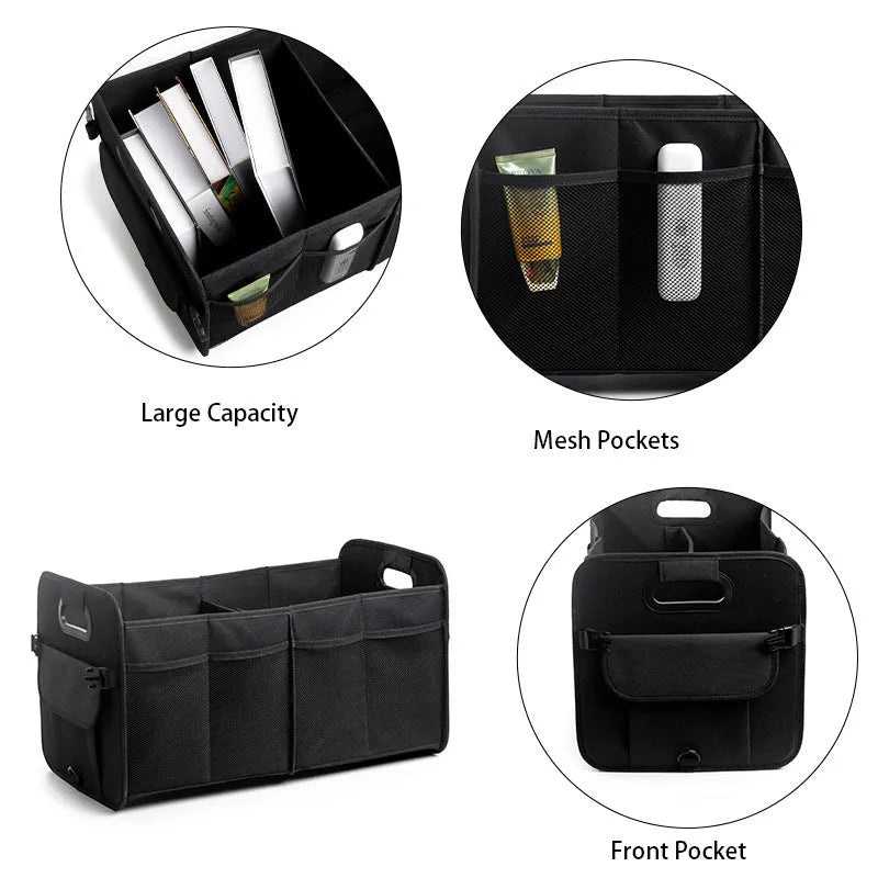 Foldable black car boot storage box with compartments and carry handle showing 56x32x32 cm dimensions