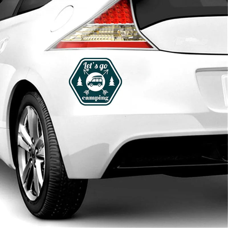 Camping funny car sticker with camping pattern, made from PVC, measuring 14x12.7cm, suitable for car, motorcycle, and refrigerator