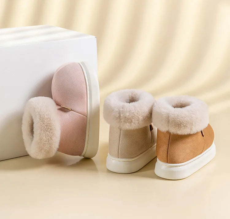 Women's plush winter snow boots with thick EVA sole, round toe, 3cm heel, in beige, green, khaki, pink, red