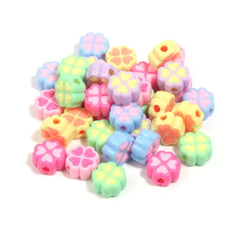 15mm frosted acrylic four-leaf clover love beads in mixed colours including pink, blue, and green