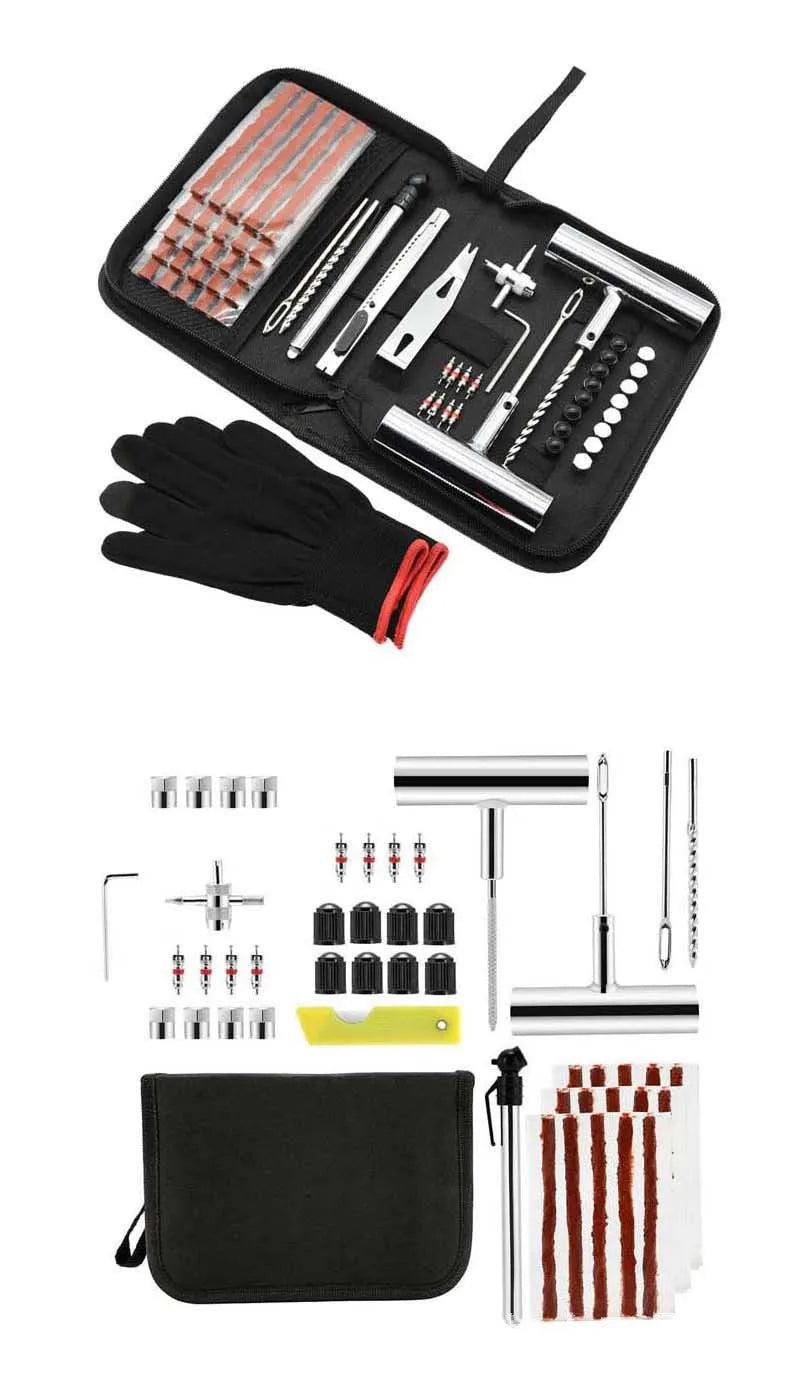 Quick first aid tyre repair kit with 43 steel tools in portable cloth storage bag
