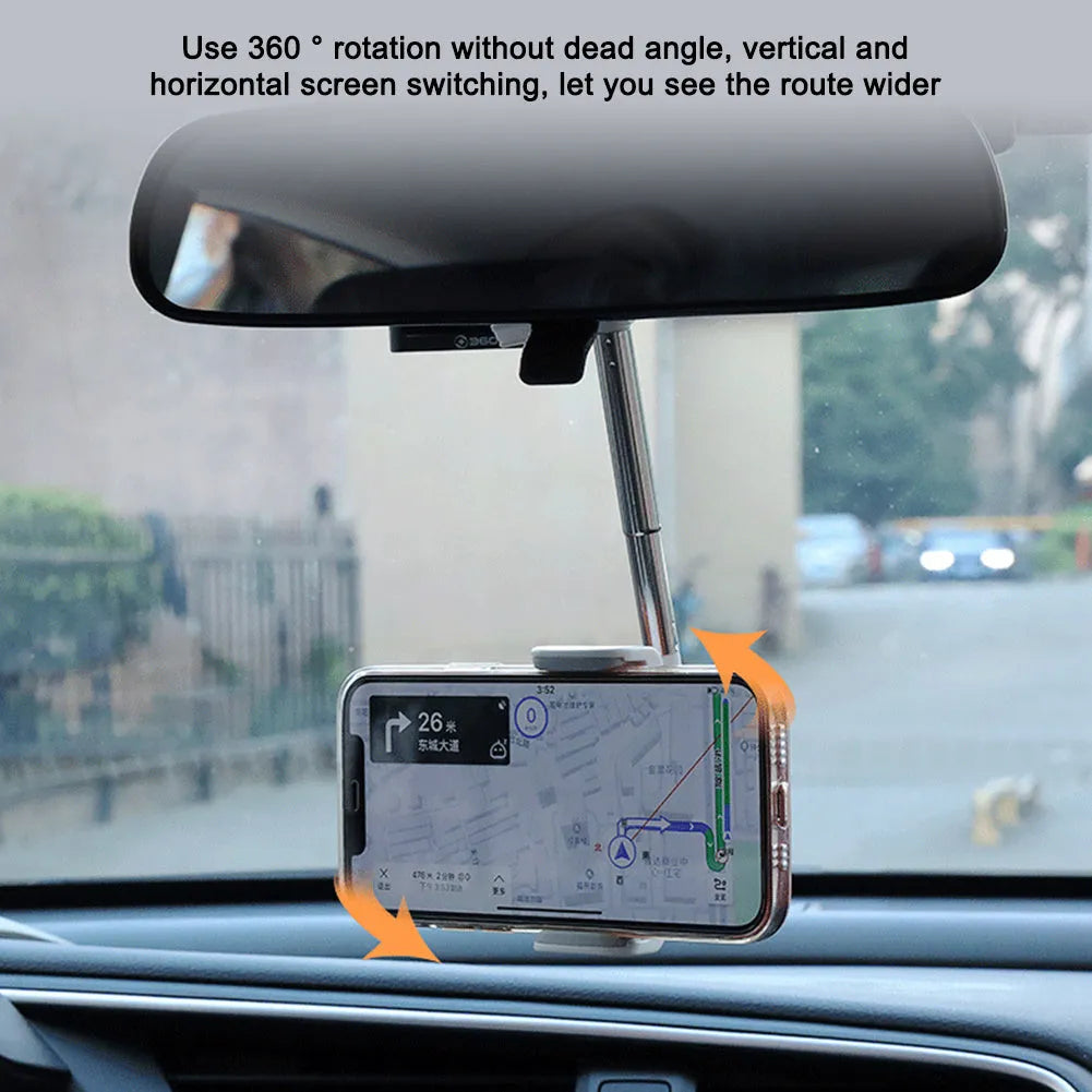 Black car windscreen phone holder with 360-degree rotating arm and soft foam phone contact pads
