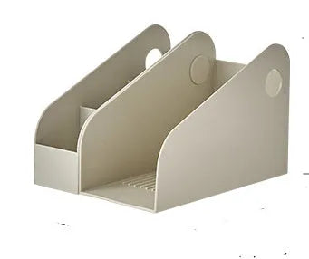 Milk coffee coloured plastic desktop storage box with two internal organiser grids for stationery.