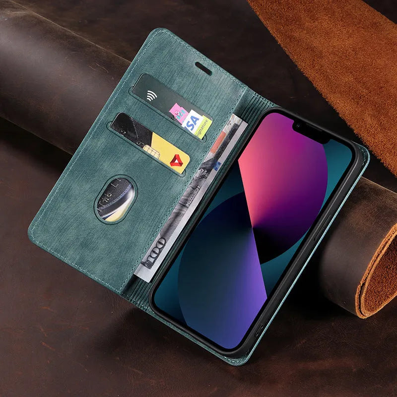 Magnetic flip phone case in synthetic leather showing closed front cover and open view revealing card slot for iPhone.