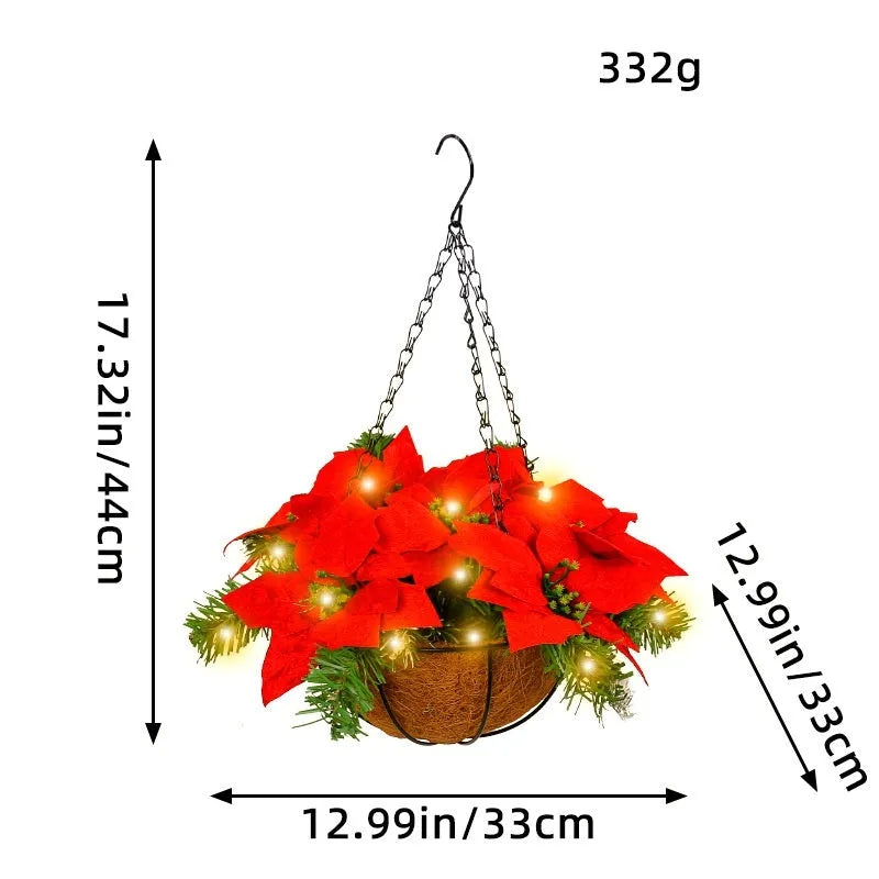 Red artificial Christmas flower hanging basket wall decoration with pre-assembled floral arrangement