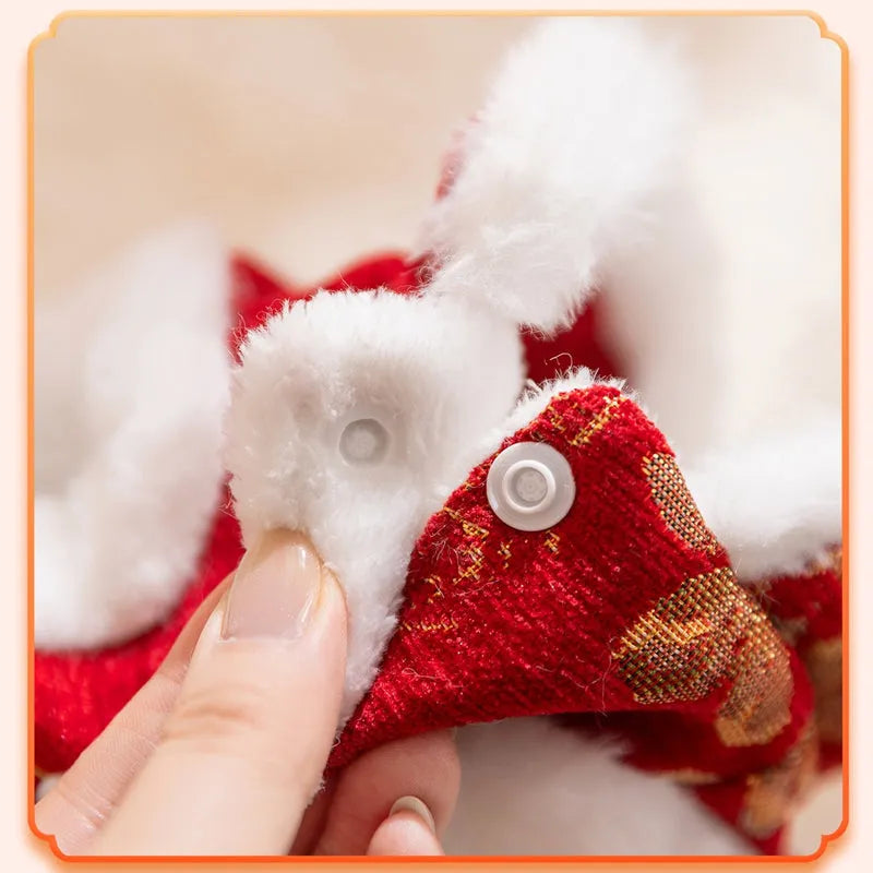 Red brocade pet vest with Chinese knot buttons and faux fur trim for Lunar New Year
