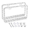 White diamond-studded stainless steel licence plate frame on a car showing 160x310mm external size
