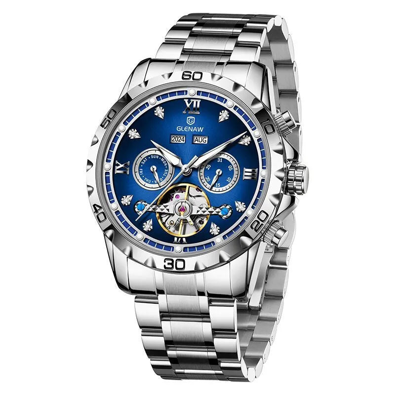 Men's automatic mechanical watch with silver case, grey dial, and stainless steel band.