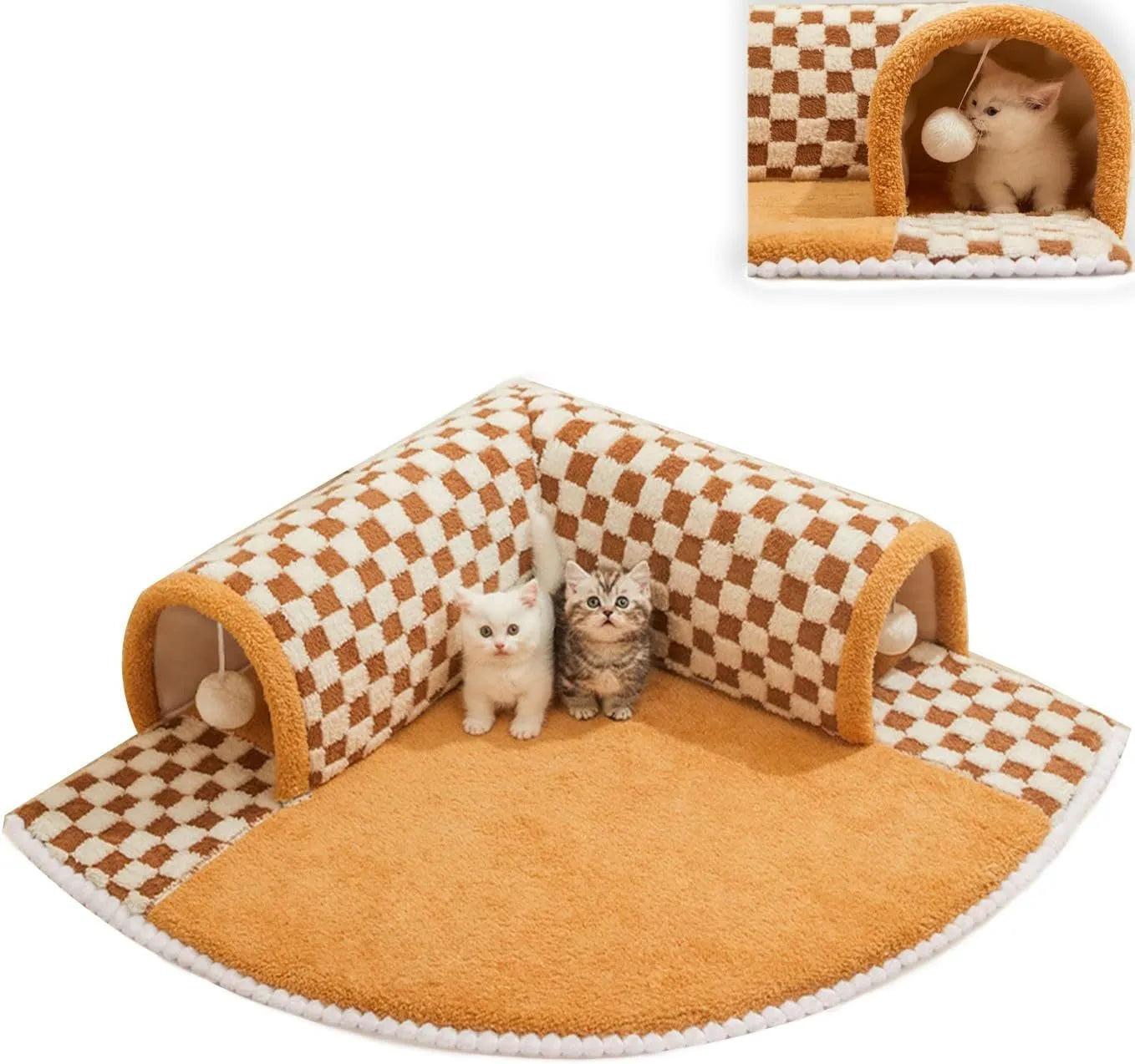 Brown plush plaid cat tunnel bed with a central mat, shown on a wooden floor.
