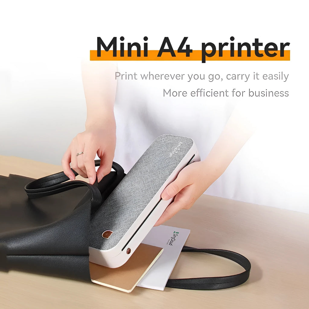 Mini A4 ink-free thermal printer with USB port and lithium battery for text printing on A4 paper