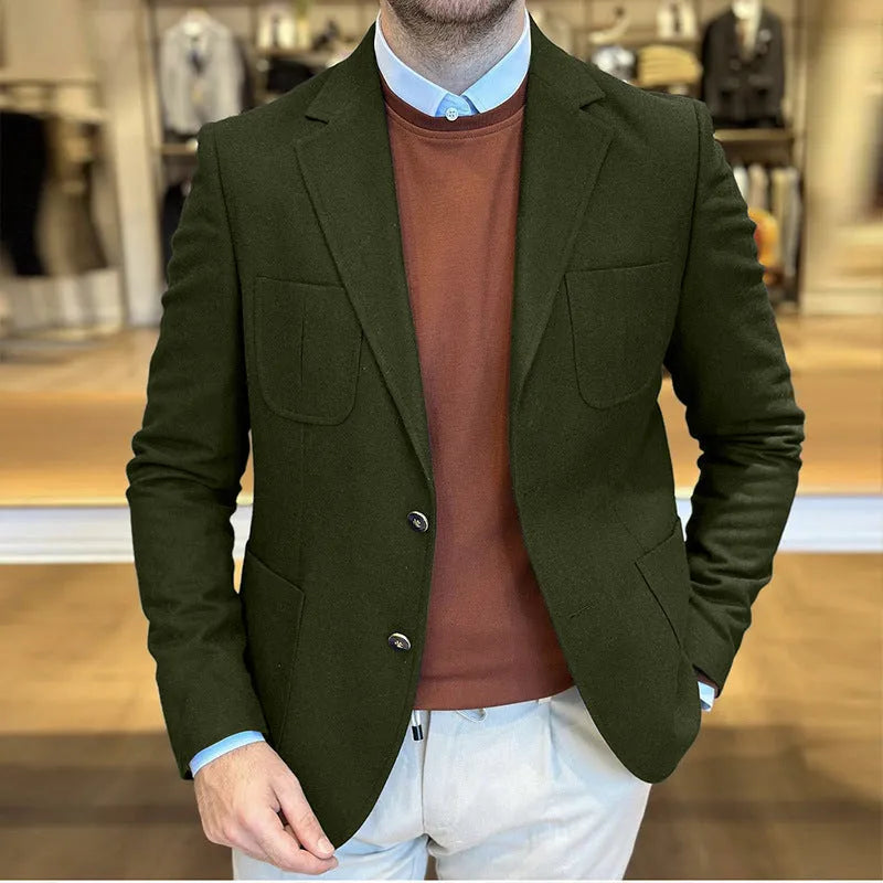 Men's loose-fit cotton suit jacket in retro style, shown in army green colour.