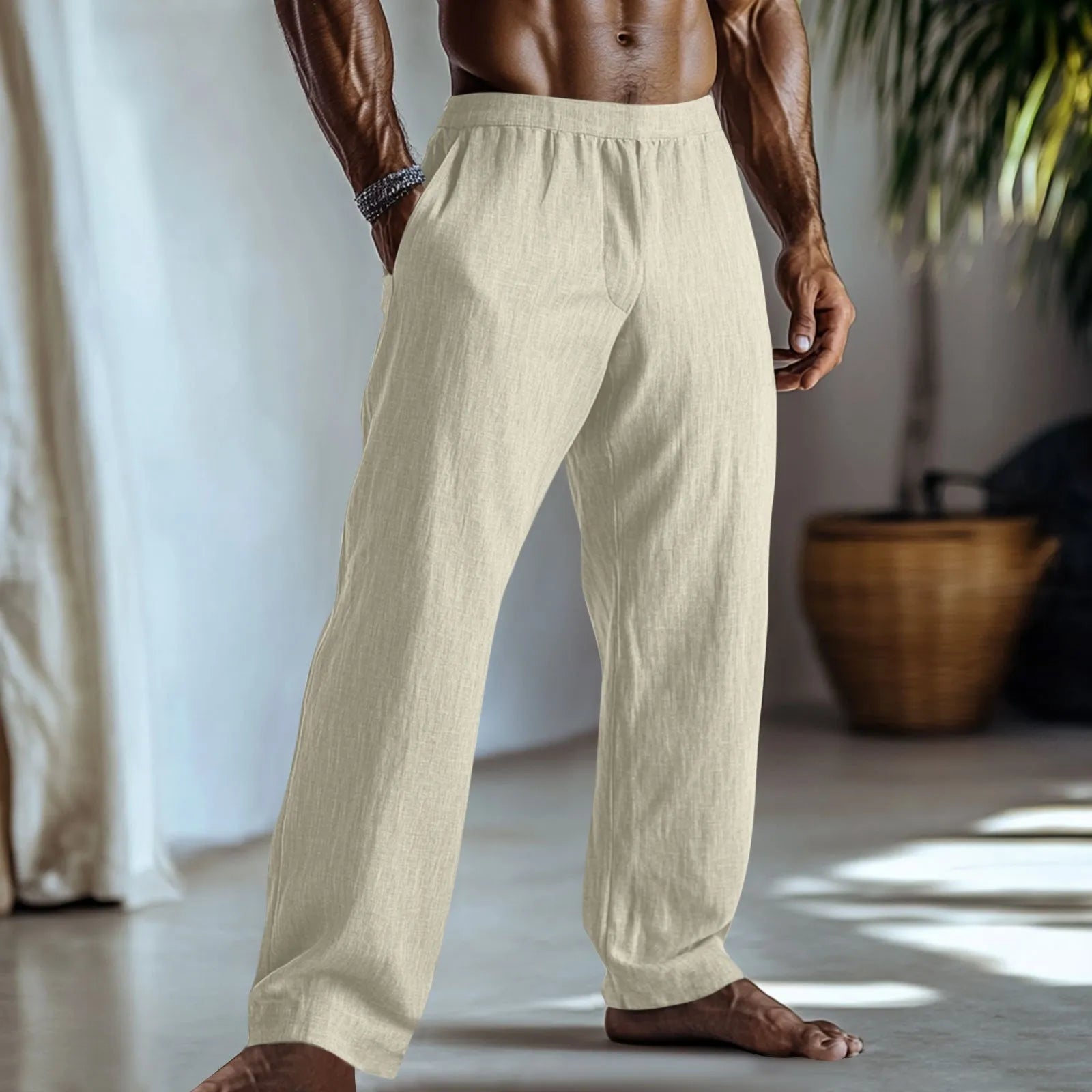 Straight leg casual trousers in a cotton linen blend, shown in one of seven available solid colours.
