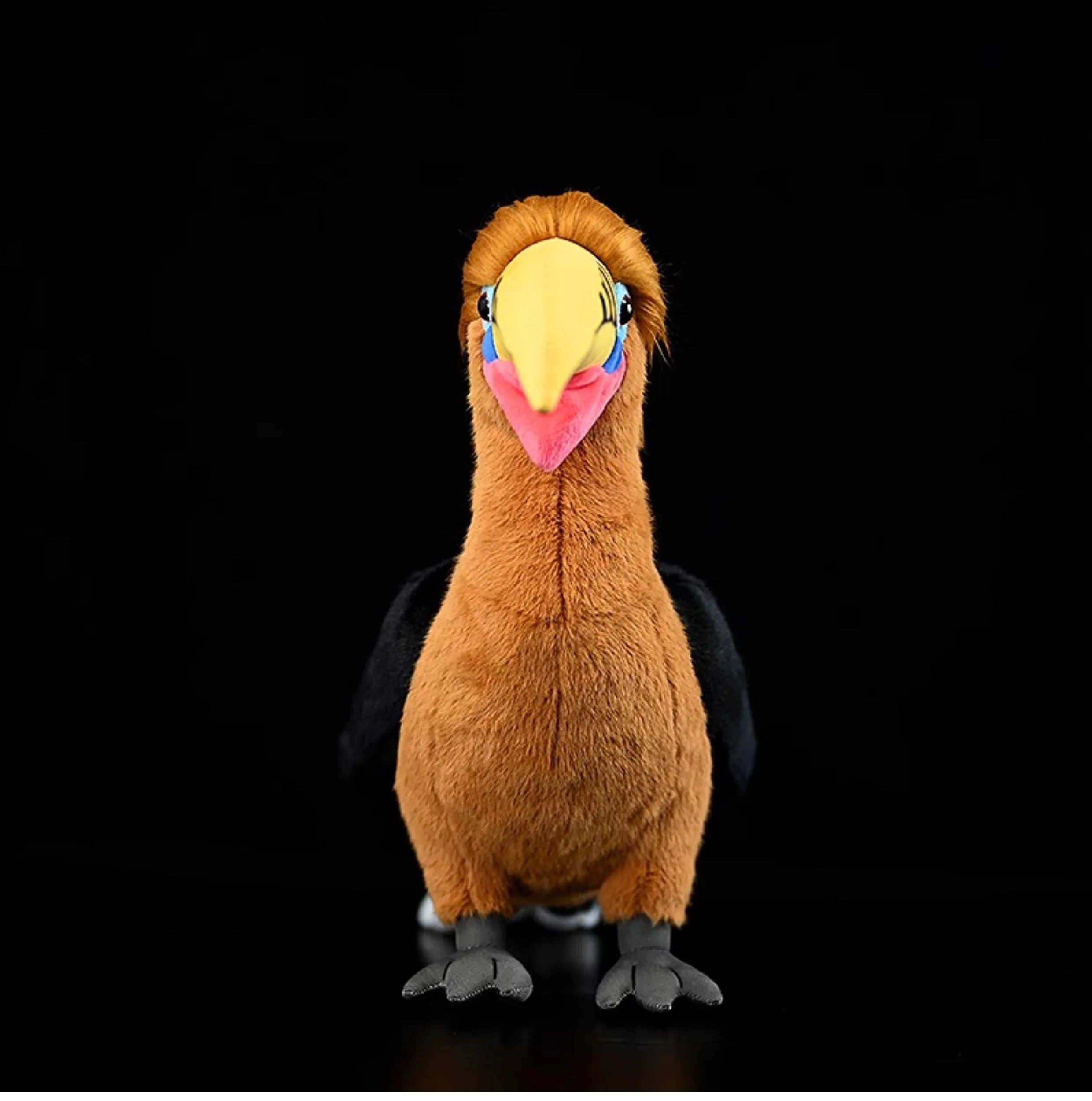 Soft brown necked hornbill plush toy standing 30cm tall on a white background