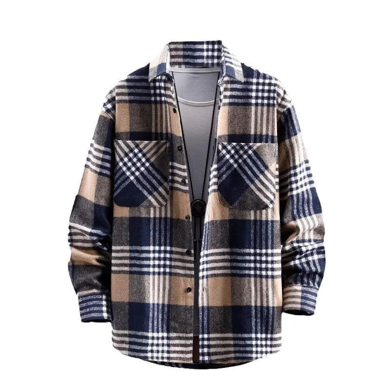 Men's plaid lapel shirt coat in red with long sleeves and cardigan style