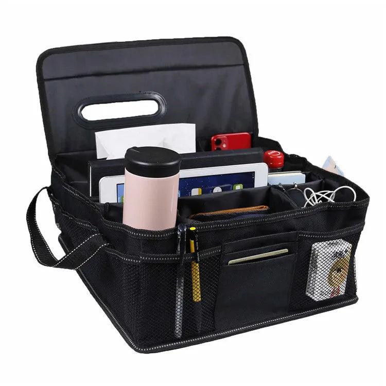 Black Oxford cloth cubic car boot storage box showing dimensions of 33cm wide by 33cm deep by 16cm high.