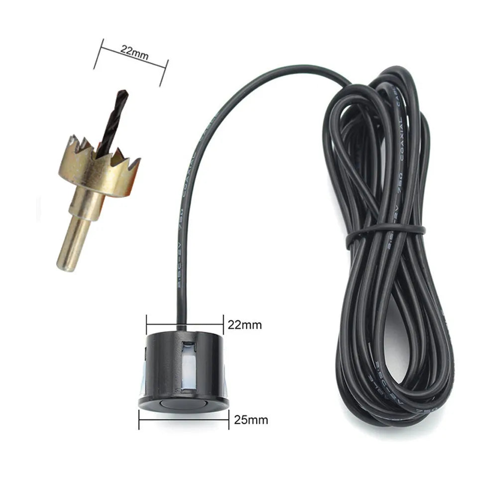Wireless reversing sensor kit for cars with main unit, four ultrasonic probes, LED display, and installation tools.