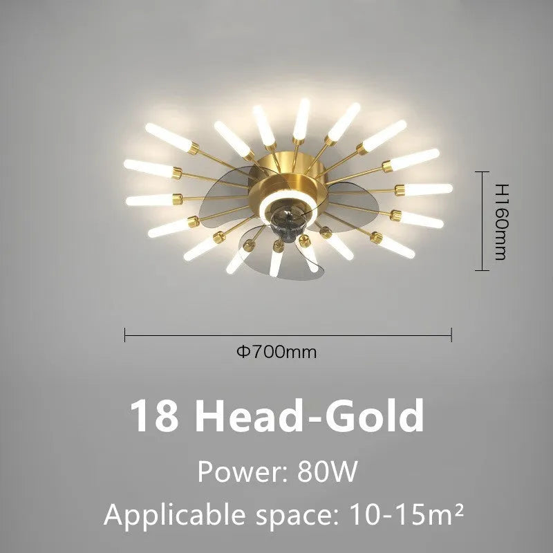 Modern aluminium ceiling fan light with remote control in black or gold finish
