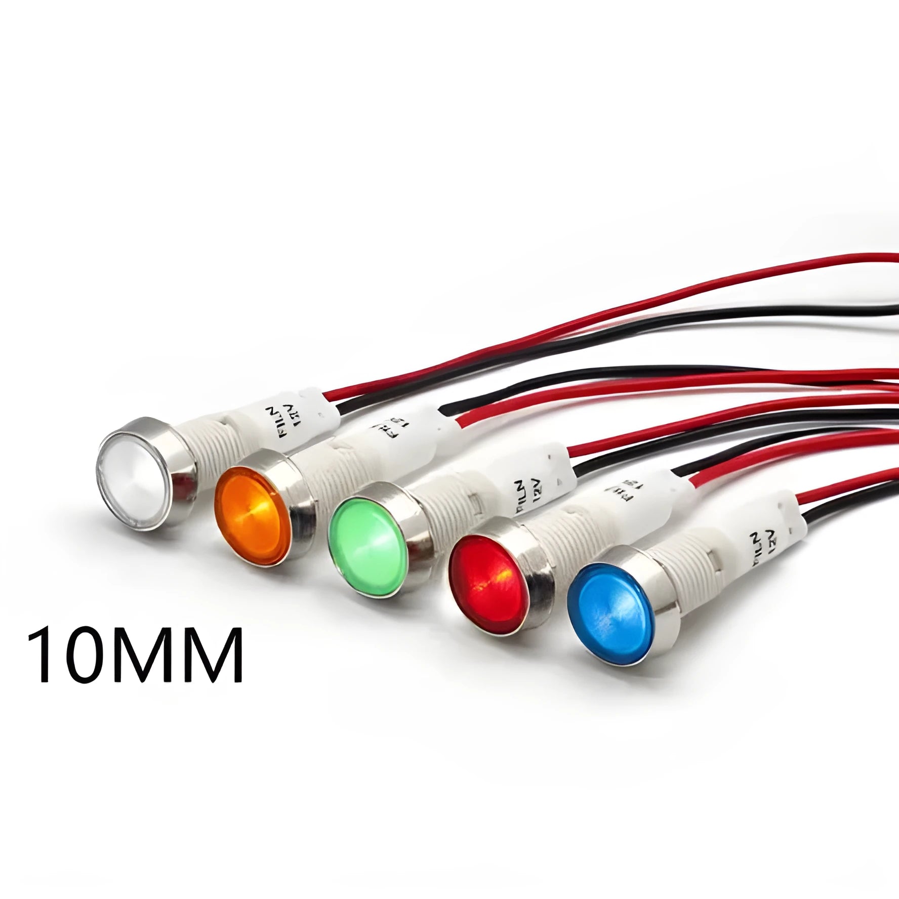 10mm diameter stainless steel edge plastic indicator light with wire in multiple colour options.