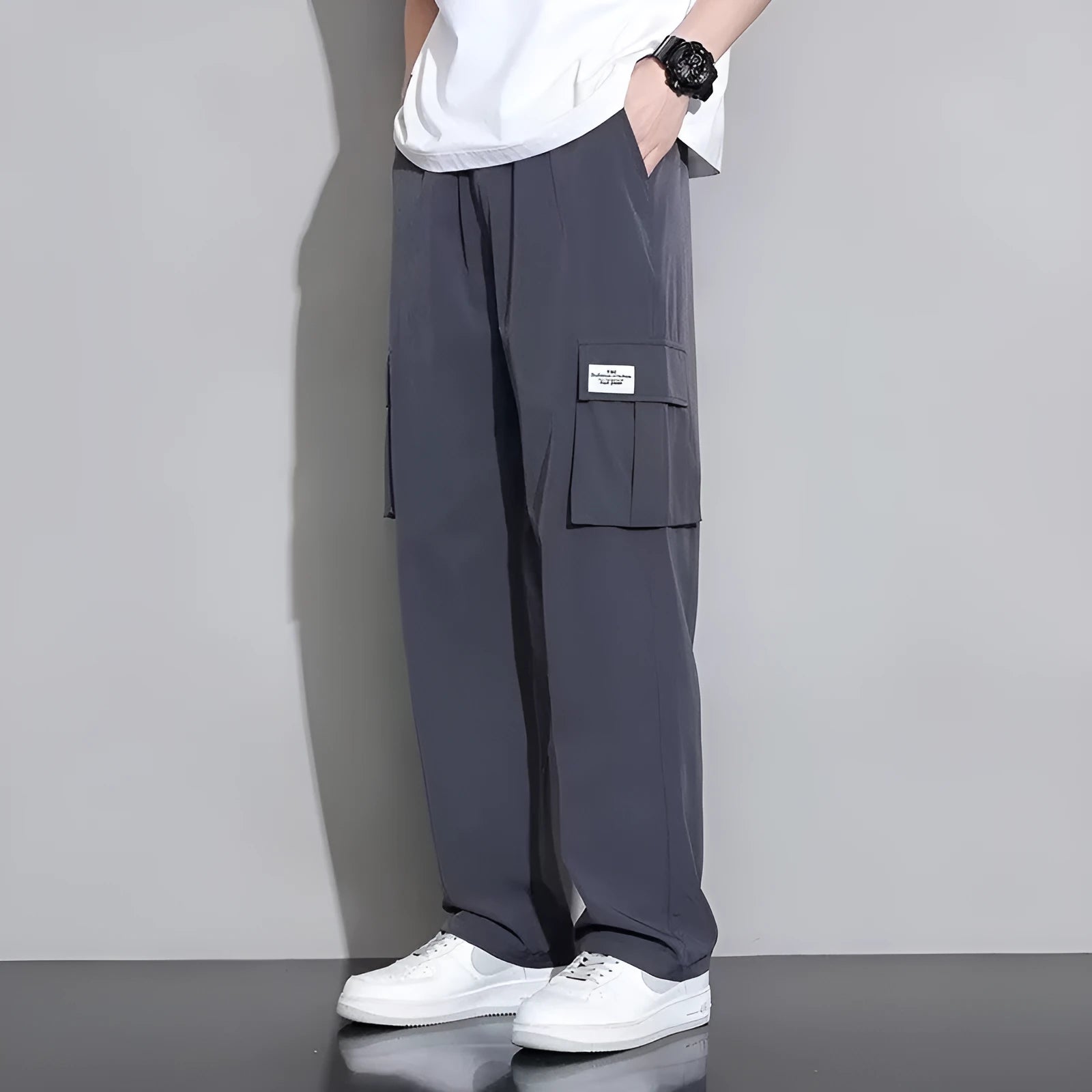 Men's summer ice silk overalls set with short sleeves in black, dark gray, brown green, and white, sizes M to 5XL