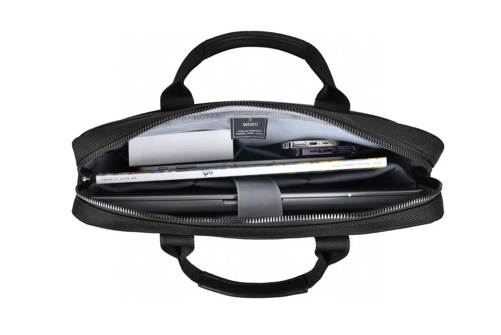 Black Oxford cloth laptop handbag with multiple compartments and a lock, shown in 14-inch and 15.6-inch sizes.