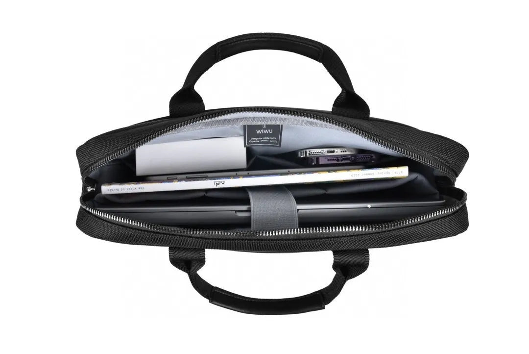 Black Oxford cloth laptop handbag with multiple compartments and a lock, shown in 14-inch and 15.6-inch sizes.