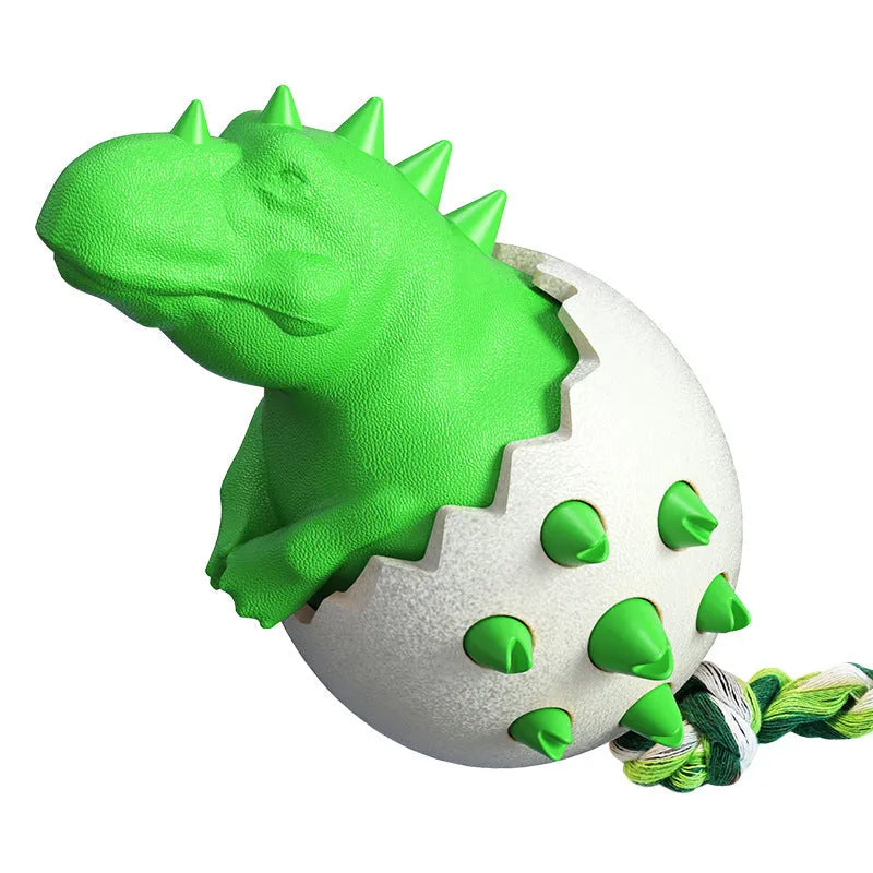 Blue dinosaur-shaped dog chew toy with textured nubs and an attached rope for aggressive chewers.