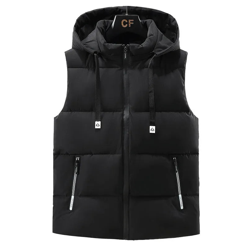 Men's solid colour thickened polyester vest with a removable hood, shown in blue.