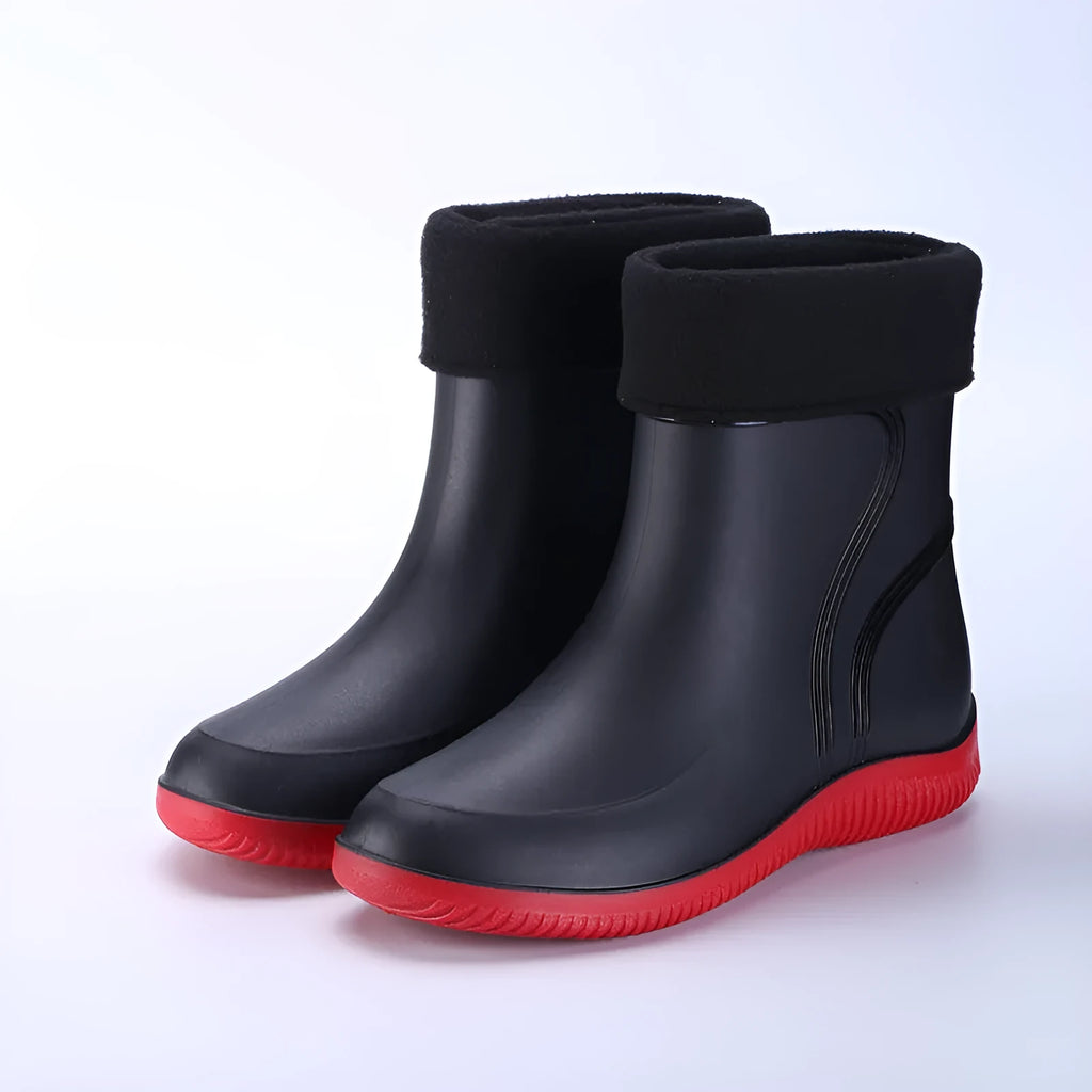 Men's waterproof mid-top rain boots with PVC upper and non-slip plastic sole in British style with tassel detail