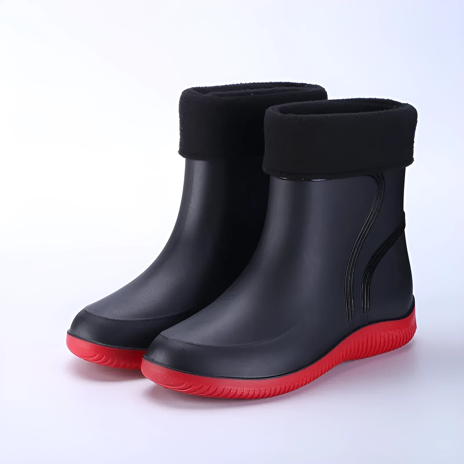 Men's waterproof mid-top rain boots with PVC upper and non-slip plastic sole in British style with tassel detail